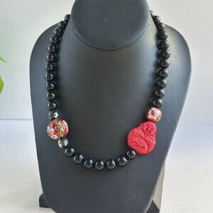 Cinnabar Buddha Pendant, Onyx Beads, Cloisonné, 925 Sterling Clasp